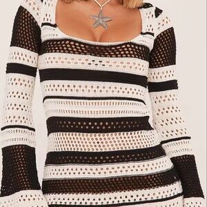 EGO Black and White Crochet Long Sleeve Dress